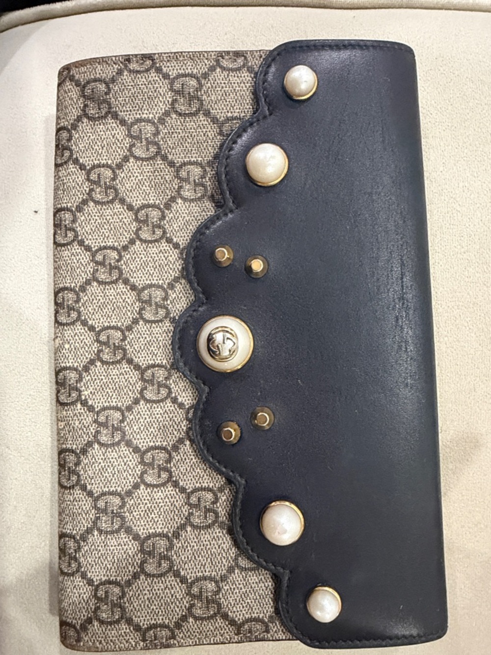 Gucci Beige Monogram & Black Scalloped Continental Wallet with Pearl Accents